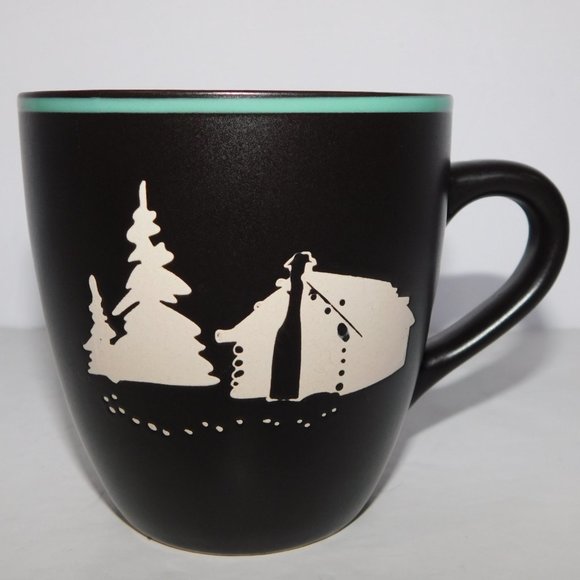 Bass Pro Shops Brown Cream Teal stoneware Coffee Mugs Camping Tent Scene - Picture 2 of 4